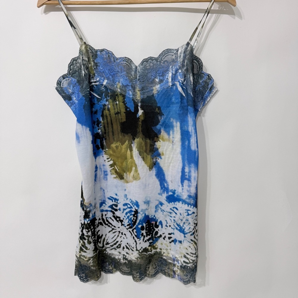 Vintage Y2K Eyeshadow Fairy Grunge Long Cami Size‎ L Blue Abstract Lace Trim